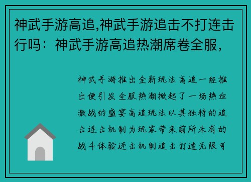 神武手游高追,神武手游追击不打连击行吗：神武手游高追热潮席卷全服，打造热血激战盛宴